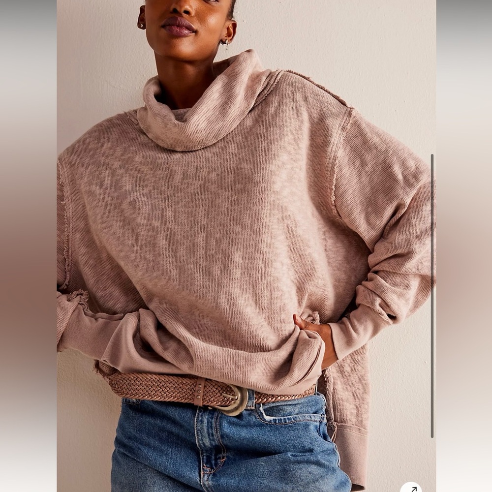 Free People Small Timmy Boxy Pink Cowl Neck Distressed Boho Sweater Sweatshirt